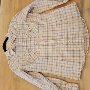 Retro Wrangler Women's Tan Plaid Pearl Snap Button Down Shirt M